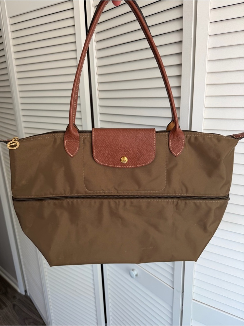 Longchamp Le Pliage Khaki Green Expandable Extensible Modele Depose Tote Bag